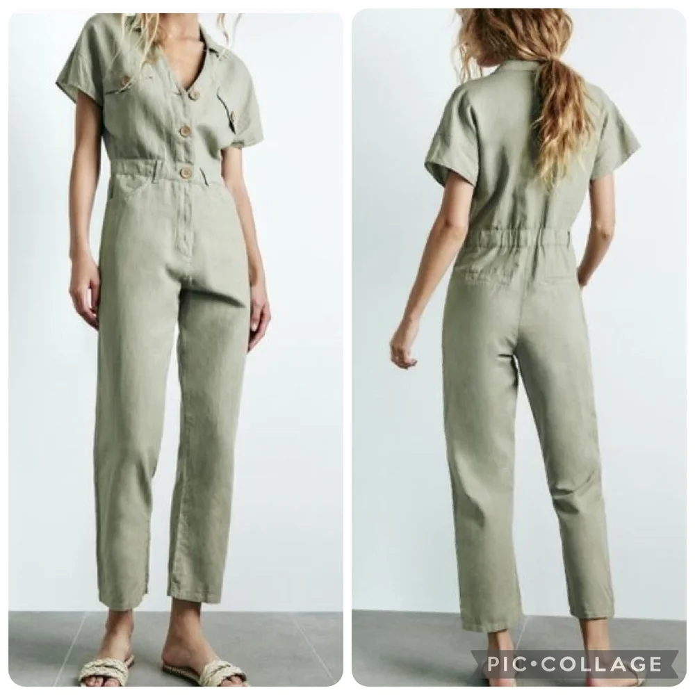 Zara Linen Cotton Short Sleeve Button Front Jumpsuit Green Size S